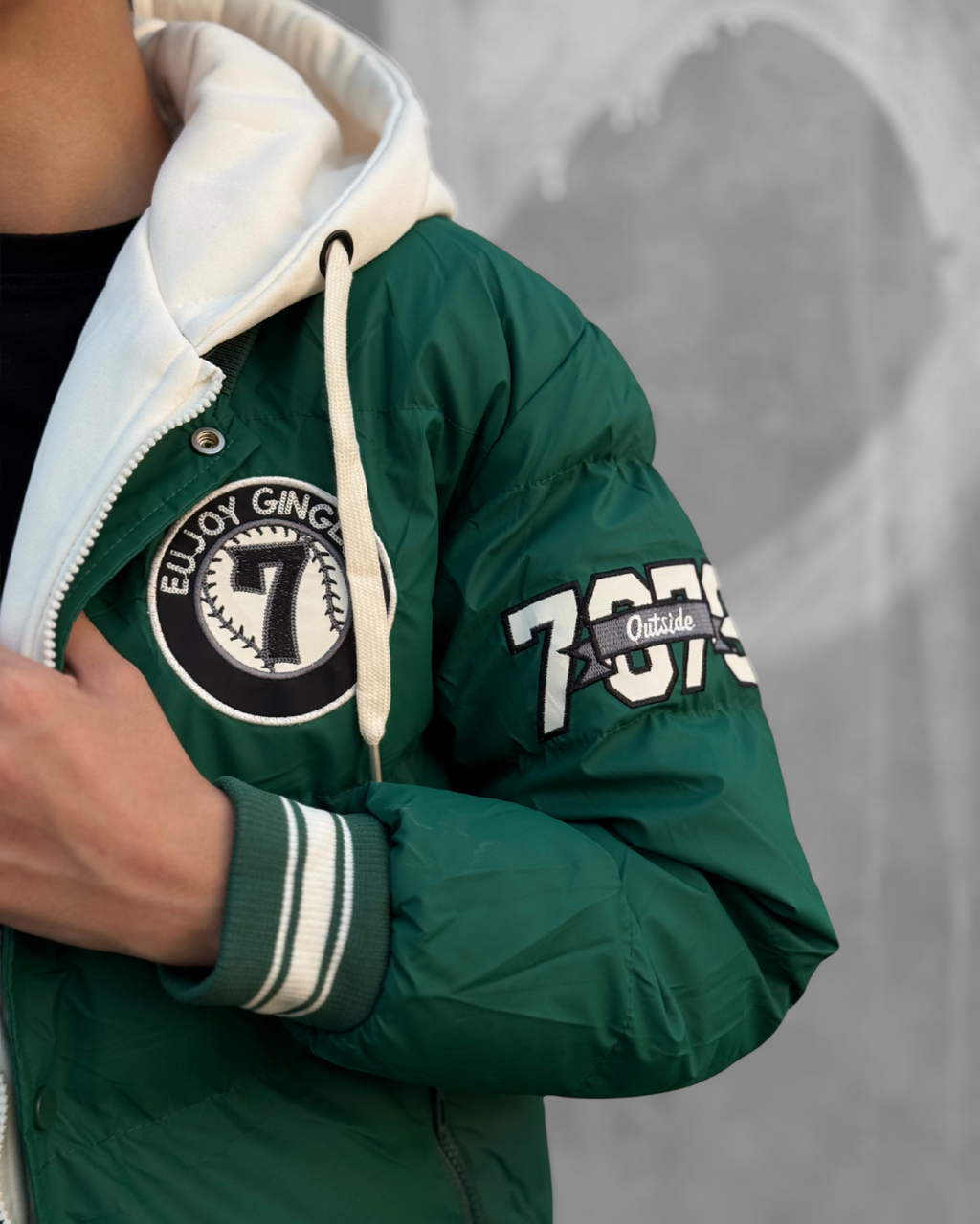 Hooded puffer varsity jacket