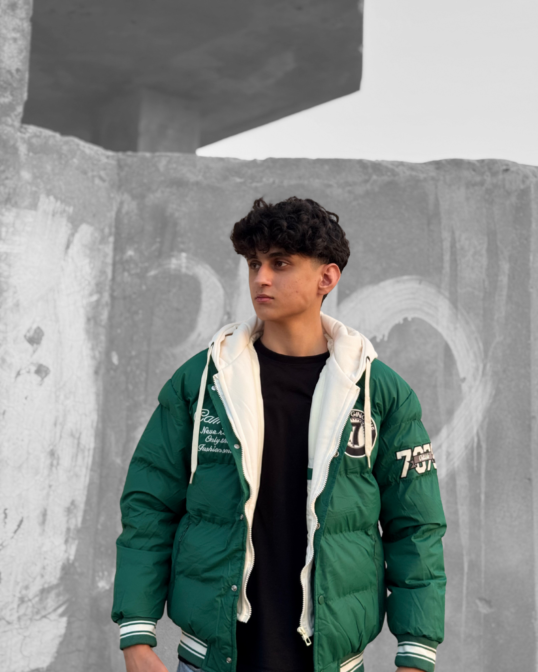 Hooded puffer varsity jacket