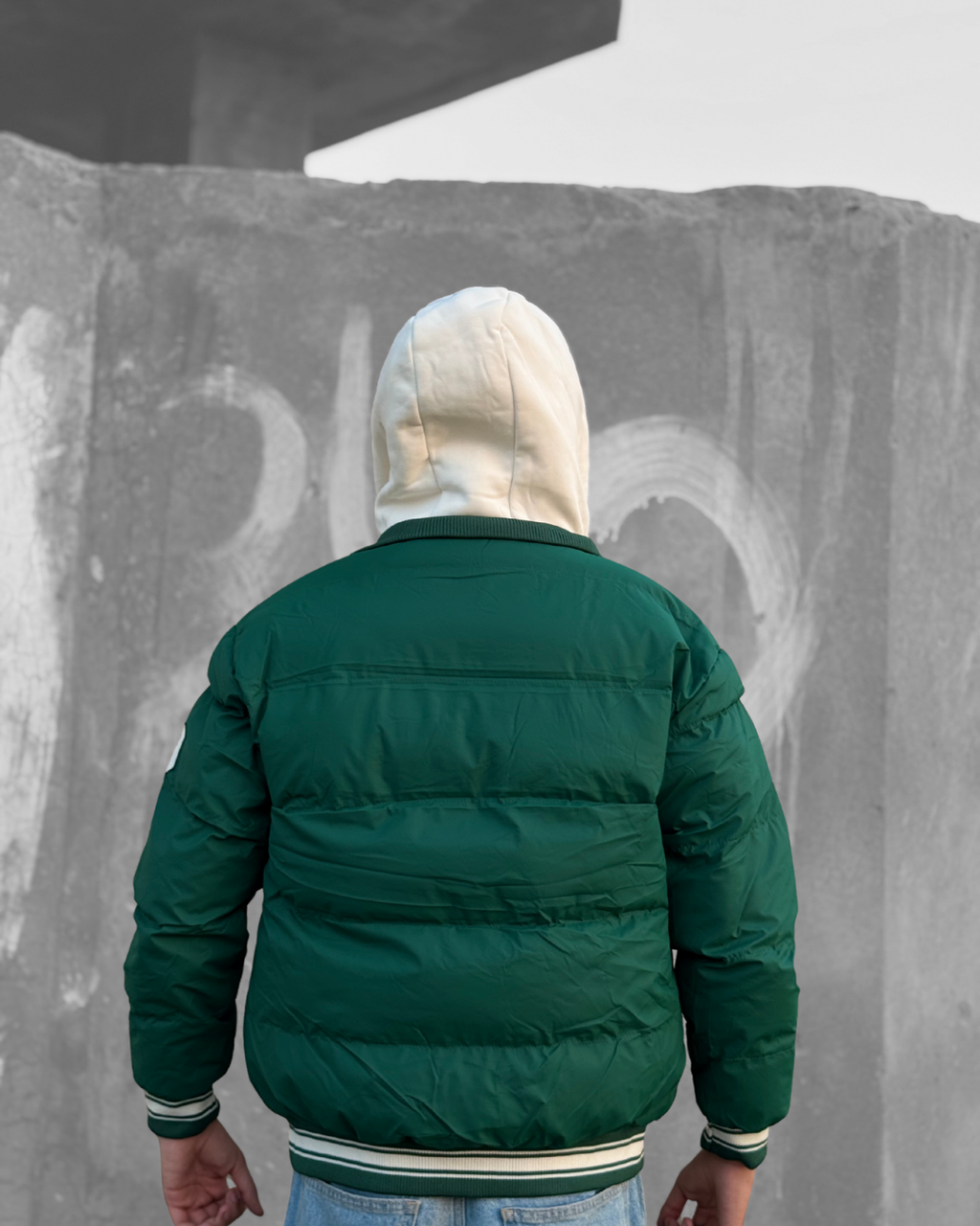 Hooded puffer varsity jacket