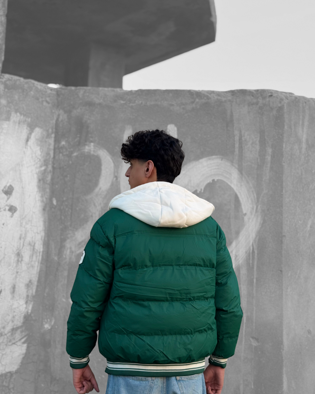 Hooded puffer varsity jacket