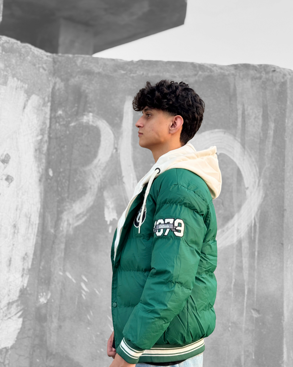 Hooded puffer varsity jacket